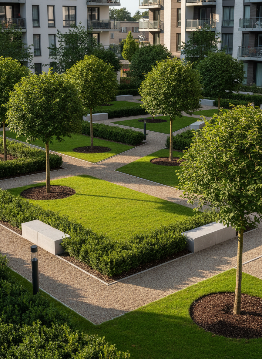 An elegant community green area in a residential complex, professionally landscaped with low, evenly trimmed hedges, carefully spaced ornamental trees, and well-defined gravel walkways. Benches and lamp posts appear as clean architectural elements without people, integrated into the structured layout. The grass is lush and uniform, bordered by dark mulch around each tree, emphasizing meticulous maintenance. Late morning natural light provides crisp illumination and soft, natural shadows that accentuate the geometry of paths and planting beds. Photographed from a slightly elevated corner angle using the rule of thirds, the pathways lead the eye through the scene, conveying depth and order. The mood is serene and secure, with a corporate, photographic style that suggests ongoing, reliable garden and communal area maintenance for communities and property managers.