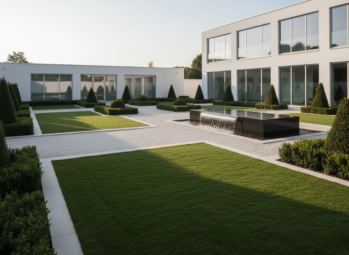 A meticulously maintained modern garden for a professional landscaping company homepage, with geometric lawn sections of deep green grass bordered by clean, pale stone edging. Symmetrical shrubs trimmed into precise shapes frame a central gravel path leading toward a minimalist water feature. The scene sits beside a contemporary white building with large glass windows, suggesting a corporate or residential setting. Soft late afternoon natural light casts subtle, elongated shadows, emphasizing clean lines and organized structure. Photographed at eye level with sharp focus throughout, the composition follows the rule of thirds, highlighting balance and order. The mood is calm, trustworthy, and highly professional, with a photographic realism and clean, corporate aesthetic in neutral and muted green tones.