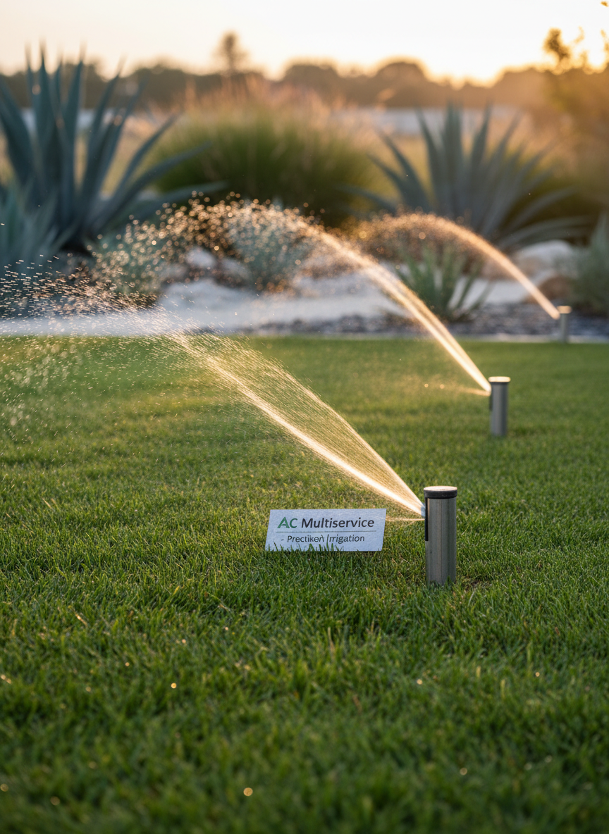 A detailed view of an automated irrigation system installed in a modern garden, highlighting AC Multiservice’s technical expertise. Multiple low-profile sprinklers emerge from a perfectly even lawn, spraying fine, symmetrical arcs of water that glisten under soft, warm evening light. In the background, minimalist planting beds with drought-tolerant shrubs and decorative gravel are visible, slightly blurred to keep focus on the irrigation system. The scene is shot at a low angle, close to the grass level, emphasizing water droplets and the precision of the spray pattern. The composition is clean and uncluttered, with a shallow depth of field creating a subtle bokeh effect. The mood is efficient and high-tech yet natural, with photographic realism and a professional, structured aesthetic in muted greens, greys, and warm highlights.