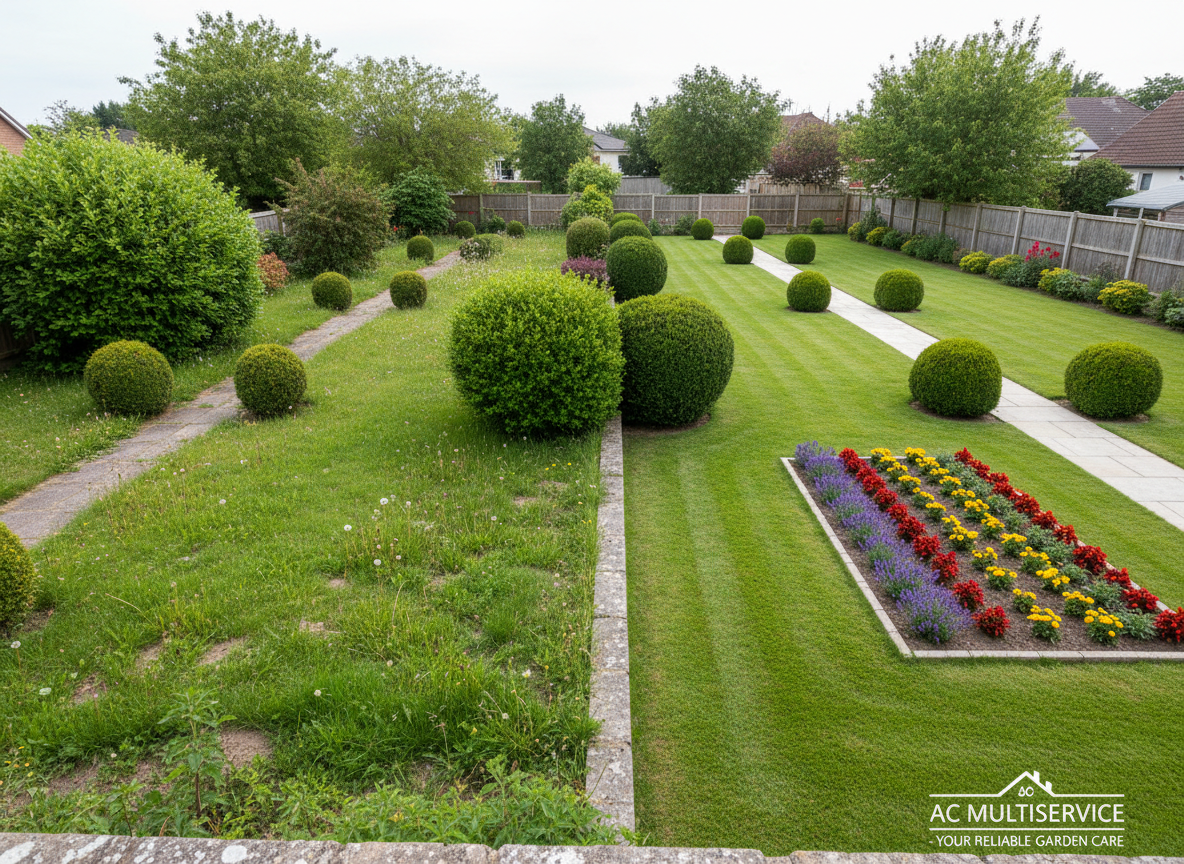 A spacious residential garden undergoing professional maintenance, showcasing the before-and-after effect of AC Multiservice’s work. On one side, taller, slightly overgrown grass and unshaped shrubs; on the other, a precisely trimmed lawn, clean pathways, and neatly pruned bushes separated by a subtle stone border. A small, newly planted flower bed with orderly rows of low-maintenance plants adds color without clutter. Soft, bright daylight from an overcast sky creates uniform lighting with gentle shadows. Captured from an elevated, wide-angle perspective, everything from the foreground lawn texture to the distant fence remains in sharp focus. The overall mood is transformative yet calm, emphasizing order, care, and reliability. The photographic realism and balanced composition reflect a professional, structured, and client-focused landscaping service.