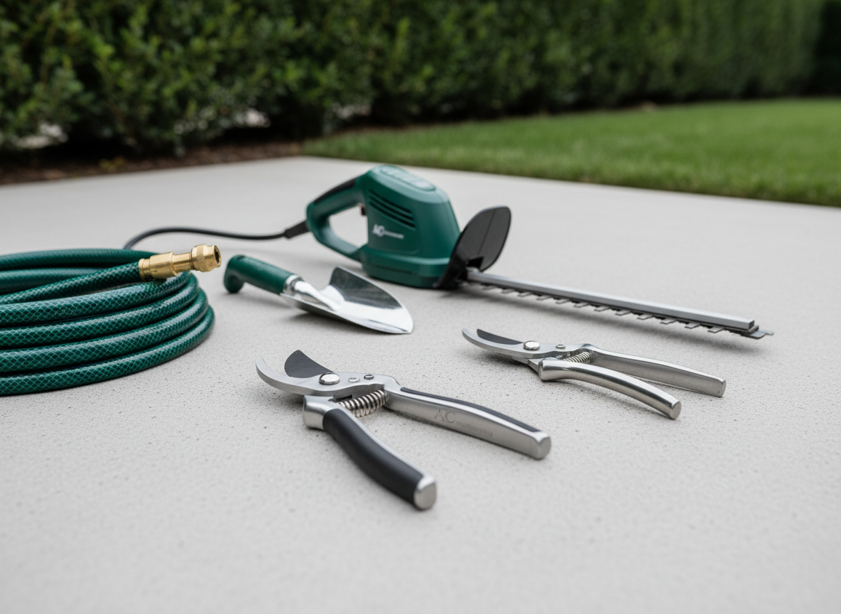 A close-up view of professional gardening tools neatly arranged on a smooth, light grey concrete surface, representing AC Multiservice’s reliability and precision. A high-quality stainless-steel pruning shear, a sturdy trowel, a compact hedge trimmer, and a coiled green hose with a metal nozzle are all spotless and well-maintained. A segment of healthy, freshly cut hedge and a trimmed lawn edge appear in the background, softly blurred. Diffused overcast daylight provides even, shadow-free illumination, highlighting metal reflections and clean textures. Shot from a slightly elevated angle with a shallow depth of field, the composition feels organized and methodical. The atmosphere is efficient, technical, and professional, with a minimalist, photographic style and neutral greys and greens that align with a corporate, trustworthy brand.