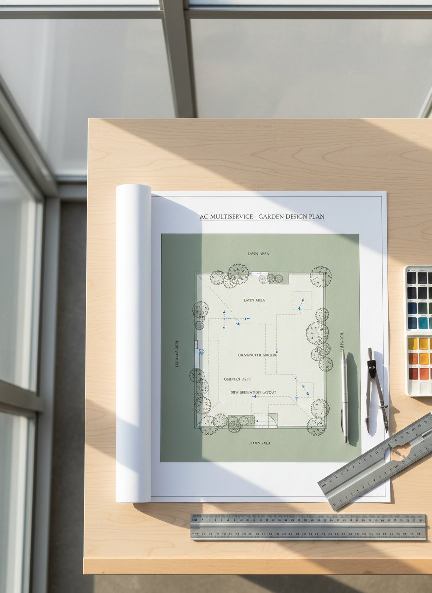 A sleek garden design blueprint laid out on a clean, light wood drafting table inside a bright studio, symbolizing AC Multiservice’s garden design service. The blueprint shows a professionally rendered top-down plan of a medium-sized garden, with labeled lawn areas, shrub zones, paths, and an irrigation layout in soft greens and greys. Beside it, precise measuring tools, a metal ruler, and color swatches in natural tones are aligned neatly. Large windows out of frame allow diffused daylight to illuminate the scene evenly, creating gentle highlights on the paper and metal instruments. Shot from a directly overhead, flat-lay perspective, the composition feels organized and methodical. The mood is thoughtful, technical, and reassuring, with a minimalist, photographic realism that conveys planning, structure, and professional expertise in garden design.