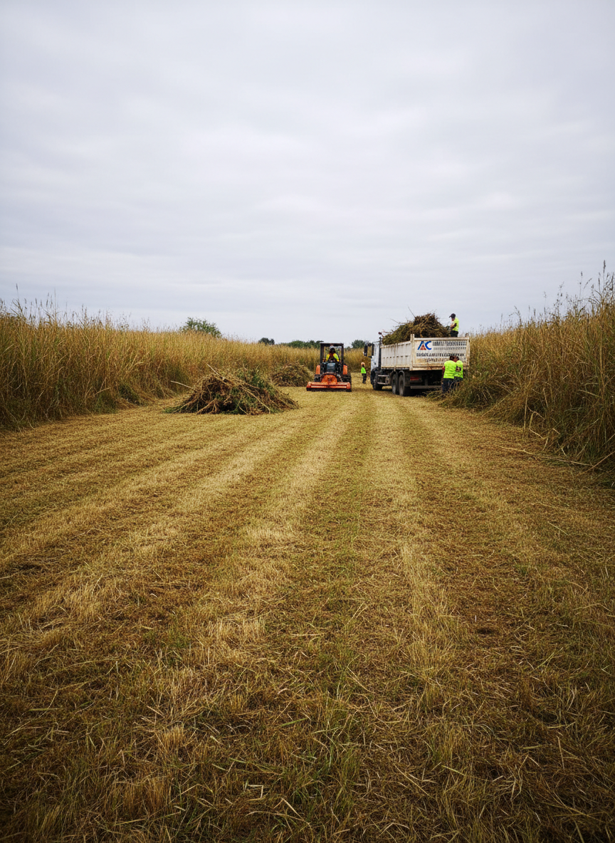 A large rural parcel in the process of professional clearing and brushcutting, showcasing AC Multiservice’s desbroce and cleaning services. The foreground features a wide strip of freshly cut, short, dry grass and brush, with visible parallel lines from machinery, contrasting with the taller, denser vegetation still standing further back. Isolated piles of neatly collected branches and debris sit at the edge, ready for removal. The sky is slightly overcast, providing soft, diffused light that reduces harsh shadows and emphasizes the textures of soil, cut stems, and remaining shrubs. Captured from a wide, eye-level perspective, the composition highlights the transition from wild to orderly. The mood is practical, efficient, and solution-oriented, with a realistic, corporate photographic style and earthy, neutral tones.